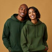 Illustration of a fashioncouple  portrait with plain hoodie mockup, AI Generated photo