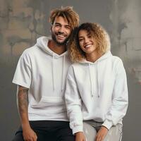 Illustration of a fashioncouple  portrait with plain hoodie mockup, AI Generated photo