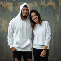 Illustration of a fashioncouple  portrait with plain hoodie mockup, AI Generated photo