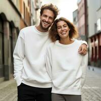 Illustration of a couple fashion portrait with plain sweater mockup, AI. generative photo