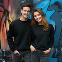 Illustration of a couple fashion portrait with plain sweater mockup, AI. generative photo