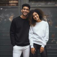 Illustration of a couple fashion portrait with plain sweater mockup, AI. generative photo