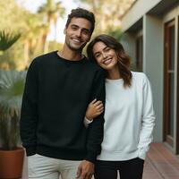 Illustration of a couple fashion portrait with plain sweater mockup, AI. generative photo