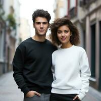 Illustration of a couple fashion portrait with plain sweater mockup, AI. generative photo