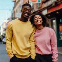 Illustration of a couple fashion portrait with plain sweater mockup, AI. generative photo