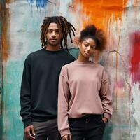 Illustration of a couple fashion portrait with plain sweater mockup, AI. generative photo