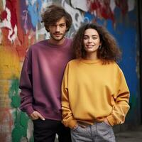 Illustration of a couple fashion portrait with plain sweater mockup, AI. generative photo