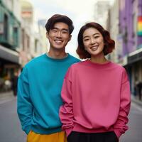 Illustration of a couple fashion portrait with plain sweater mockup, AI. generative photo