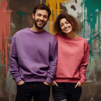 Illustration of a couple fashion portrait with plain sweater mockup, AI. generative photo