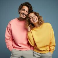 Illustration of a couple fashion portrait with plain sweater mockup, AI. generative photo