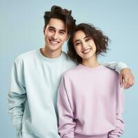 Illustration of a couple fashion portrait with plain sweater mockup, AI. generative photo