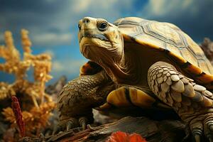 tortuga toma el parte superior lugar, recordativo de tortuga y liebre ai generado foto