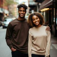 Illustration of a couple fashion portrait with plain sweater mockup, AI. generative photo