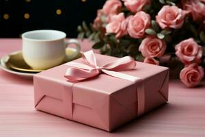 A top down composition featuring a present box on a pink table AI Generated photo