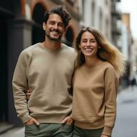 Illustration of a couple fashion portrait with plain sweater mockup, AI. generative photo