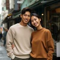 Illustration of a couple fashion portrait with plain sweater mockup, AI. generative photo