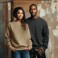 Illustration of a couple fashion portrait with plain sweater mockup, AI. generative photo