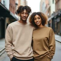 Illustration of a couple fashion portrait with plain sweater mockup, AI. generative photo