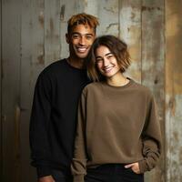 Illustration of a couple fashion portrait with plain sweater mockup, AI. generative photo