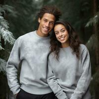 Illustration of a couple fashion portrait with plain sweater mockup, AI. generative photo