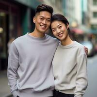 Illustration of a couple fashion portrait with plain sweater mockup, AI. generative photo