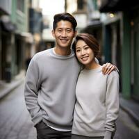 Illustration of a couple fashion portrait with plain sweater mockup, AI. generative photo