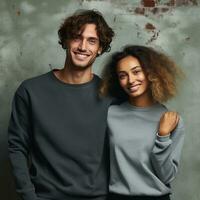 Illustration of a couple fashion portrait with plain sweater mockup, AI. generative photo