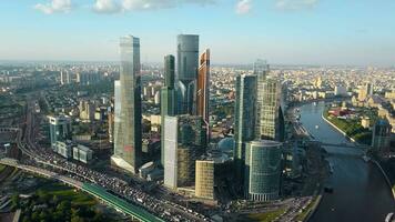 Aerial view of Moscow, Russia. Cityscape with business centre, traffic and river video