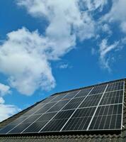 Solar panels on a residential house roof producing clean energy. photo