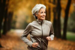 An active retired woman while jogging.AI generative photo