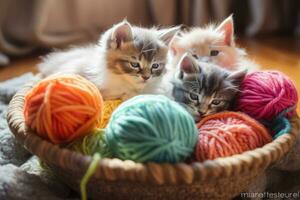 Fluffy kittens in the basket with yarn balls. Generative AI photorealistic illustration. photo