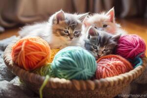 Fluffy kittens in the basket with yarn balls. photorealistic illustration. photo