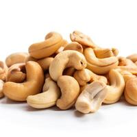 Pile of cashew nuts isolated on white background. Generative AI photo