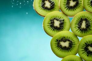 verde antecedentes con kiwi rebanadas, transporte un sano comiendo mensaje ai generado foto