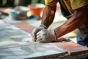 A tiler at work on the floor.AI generative photo