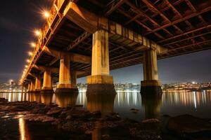 A low angle nightshot of a bridge with a skyline in the background.AI generative photo