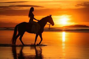 A woman riding on a horse at a beautiful beach.AI generative photo