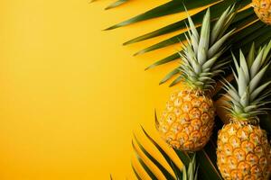 Bright tropical scene pineapple and palm leaves on pastel orange yellow AI Generated photo