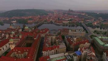 Prague city view and Vltava river, aerial shot video