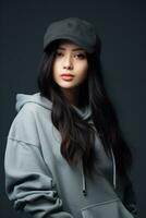 Beautiful asian girl wearing over size hoodie in casual style AI Generative photo