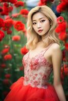 hermosa asiático niña con rubia pelo en flor jardín ai generativo foto