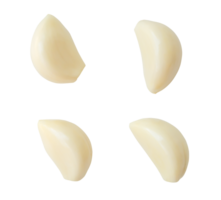 Top view set of fresh separated garlic cloves isolated with clipping path in png file format. Close up photo