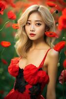 hermosa asiático niña con rubia pelo en flor jardín ai generativo foto