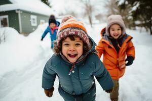 Happy kids playing in the snow.AI generative photo