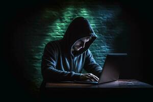 A hacker at work in a dark room.AI generative photo