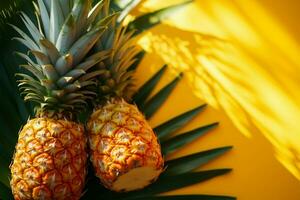 Pineapples and palm leaves on a sunny yellow summer background AI Generated photo