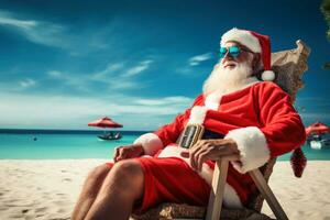A santa in a beach chair at a tropical beach.AI generative photo