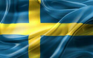 Ilustración 3d de una bandera sueca - bandera de tela ondeante realista foto