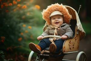 A cute little baby in a pushchair.AI generative photo