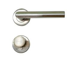 Close up photo of silver metal door handle isolated on white background with clipping path